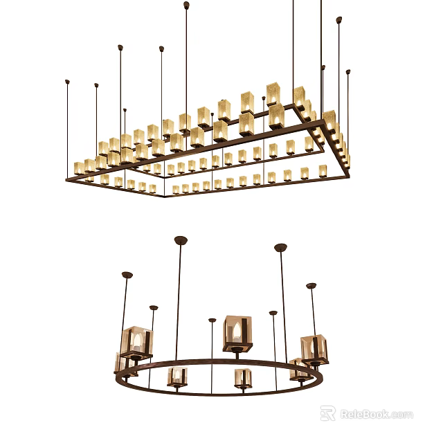 Modern Rectangular And Circular Chandelier Design With Glass Shades And Metal Frames 3d model