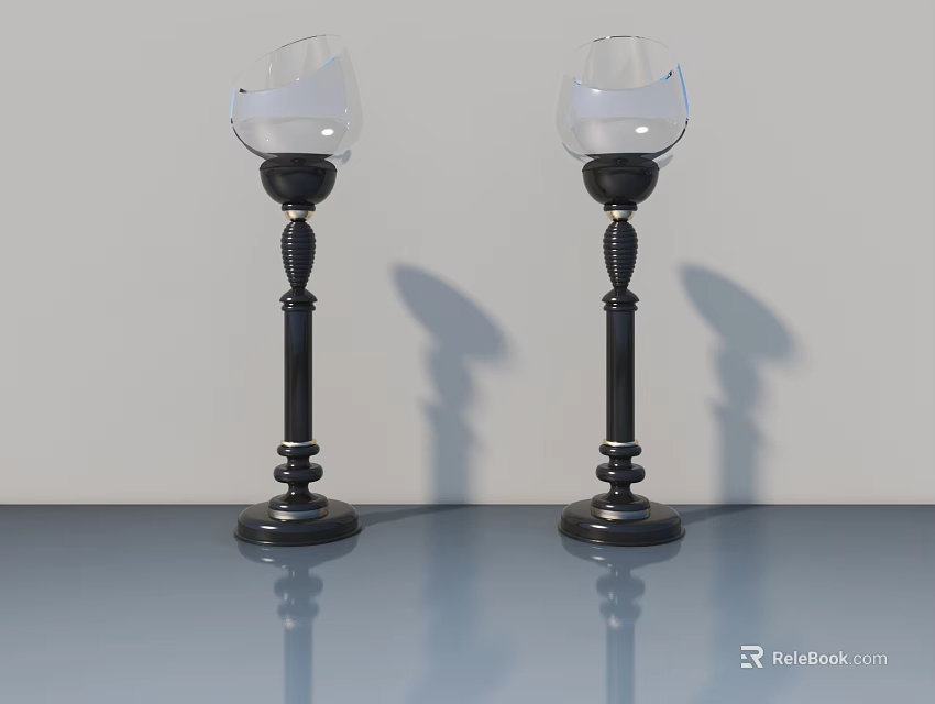 Two Black Floor Lamps Featuring Glass Shades And Ornate Decorative Stems 3d model 