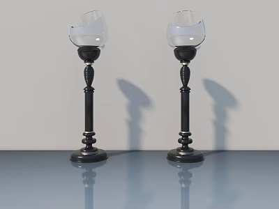 Two Black Floor Lamps Featuring Glass Shades And Ornate Decorative Stems 3d model
