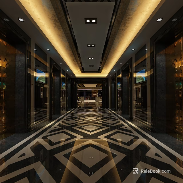 Luxurious Elevator Hallway With Marble Floor Geometric Pattern And Elegant Lighting 3d model 