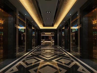 Luxurious Elevator Hallway With Marble Floor Geometric Pattern And Elegant Lighting 3d model