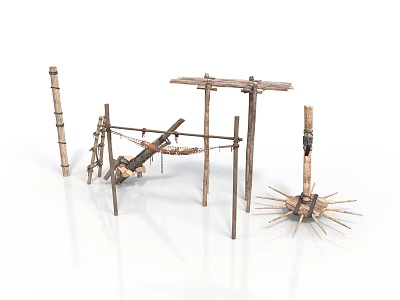 Traditional Wooden Equipment Set With Spiked Traps Rope Structures And Frames 3d model