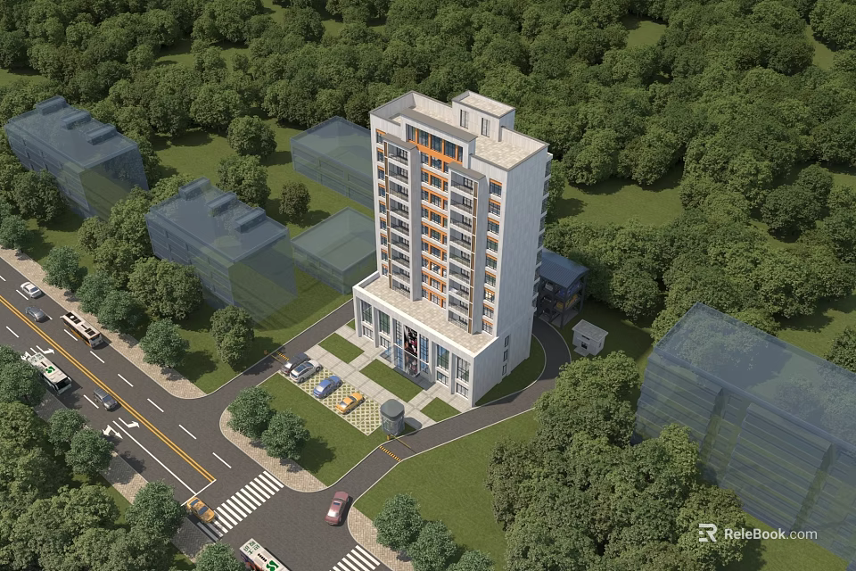 Modern Office Building Surrounded By Lush Green Trees And Road Parking Area 3d model 