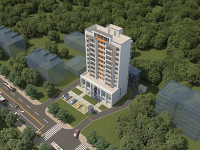 Modern Office Building Surrounded By Lush Green Trees And Road Parking Area 3d model
