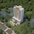 Modern Office Building Surrounded By Lush Green Trees And Road Parking Area