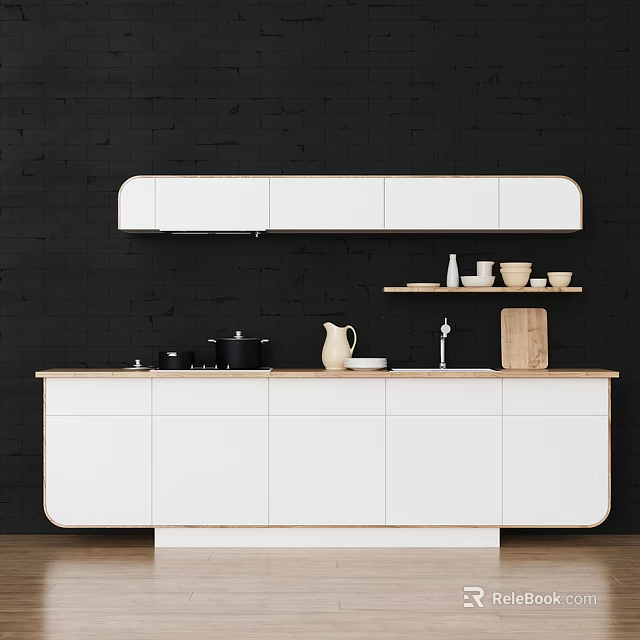 Modern Kitchen Interior With White Cabinets Black Wall Wooden Countertop And Kitchenware 3d model 