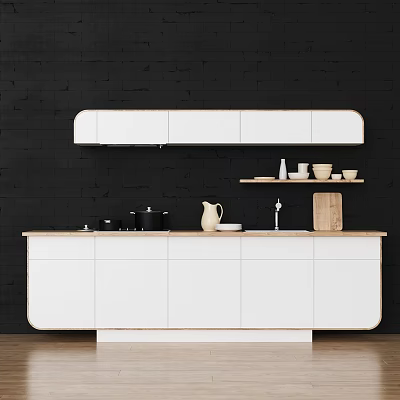 Modern Kitchen Interior With White Cabinets Black Wall Wooden Countertop And Kitchenware 3d model