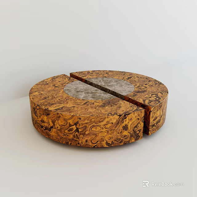 Round Wooden Coffee Table With Unique Grain Pattern And Transparent Center Split Design 3d model