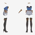 Blue Bow Top With White Shorts Brown Belt Arm Cuffs And Black Thigh High Boots