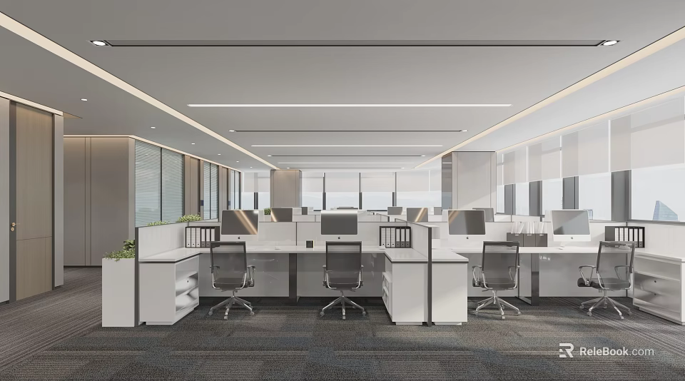Modern Open Public Office Space With Workstations White Desks Office Chairs Ceiling Lights And Plants 3d model 