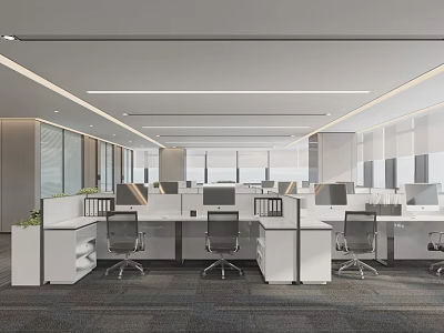 Modern Open Public Office Space With Workstations White Desks Office Chairs Ceiling Lights And Plants 3d model