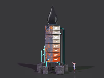 Tall Industrial Tower With Oil Drop Top Temperature Scales And Blue Pipes 3d model