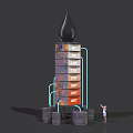 Tall Industrial Tower With Oil Drop Top Temperature Scales And Blue Pipes
