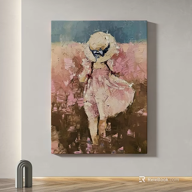 Vibrant Oil Painting of Girl in Pink Dress With Straw Hat in Flower Field 3d model 