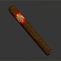 Brown Cigar With Red Label And Yellow Design Featuring Ash At Burned End
