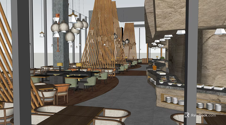 Modern Restaurant Interior With Wooden Structures Hanging Lights Dining Tables Chairs And Buffet Counter 3d model 