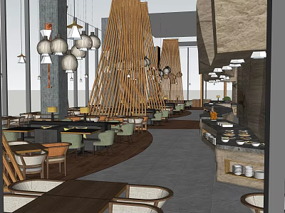 Modern Restaurant Interior With Wooden Structures Hanging Lights Dining Tables Chairs And Buffet Counter 3d model
