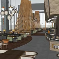 Modern Restaurant Interior With Wooden Structures Hanging Lights Dining Tables Chairs And Buffet Counter