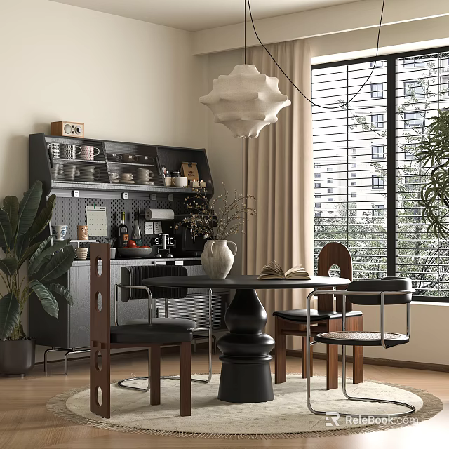 Modern Restaurant Interior With Black Dining Table Chairs Plants White Pendant Light And Beige Curtains 3d model 