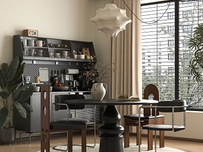 Modern Restaurant Interior With Black Dining Table Chairs Plants White Pendant Light And Beige Curtains 3d model