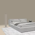 Modern Neutral Tones Double Bed With Spiral Floor Lamp And Soft Pillows On Beige Rug
