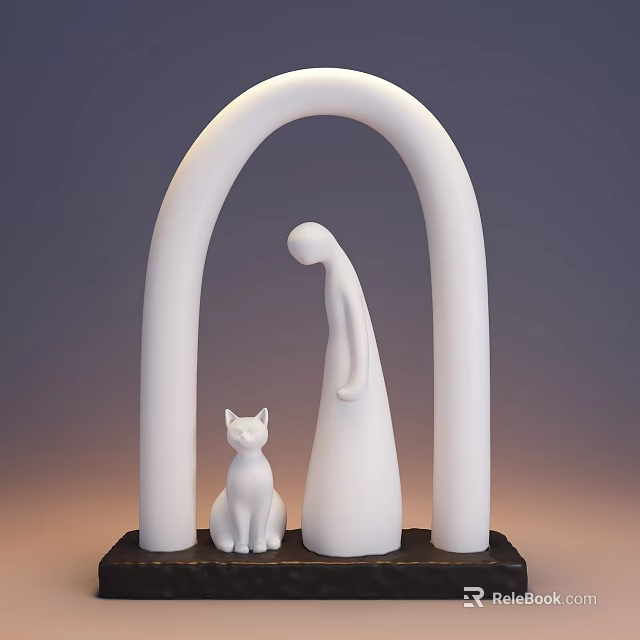 White Sculpture Featuring Arch Structure Human Figure and Sitting Cat Design 3d model