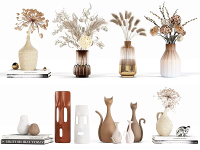 Assorted Vases With Dried Flowers And Decorative Items On Display Shelves 3d model