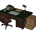 Wooden Office Desk With Green Lamp Coffee Mug Books Papers Photo Frame And Storage Boxes