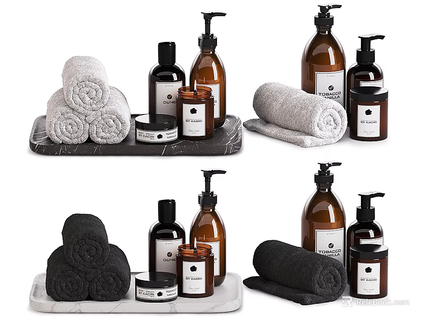 Modern Minimalist Bathroom Accessories With Rolled Towels Soap Dispensers Jars And Marble Tray 3d model 