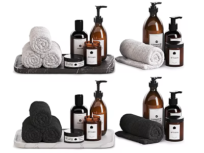 Modern Minimalist Bathroom Accessories With Rolled Towels Soap Dispensers Jars And Marble Tray 3d model