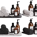 Modern Minimalist Bathroom Accessories With Rolled Towels Soap Dispensers Jars And Marble Tray