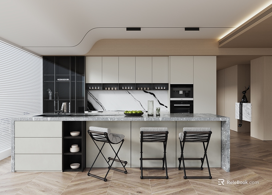 Modern Kitchen Interior With White Cabinets Marble Island Countertop And Black Stools 3d model 