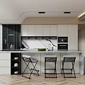 Modern Kitchen Interior With White Cabinets Marble Island Countertop And Black Stools