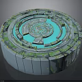 Circular Spiral Structure with Blue Green Glowing Layers and Geometric Design