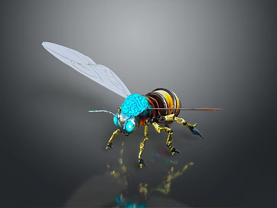 Artistic Bee Figurine With Blue Head Yellow Black Striped Body Transparent Wings And Metallic Legs 3d model