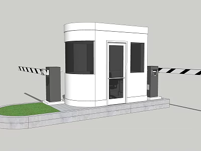 White Security Booth With Black And White Striped Barrier Gates Gray Base And Green Lawn 3d model