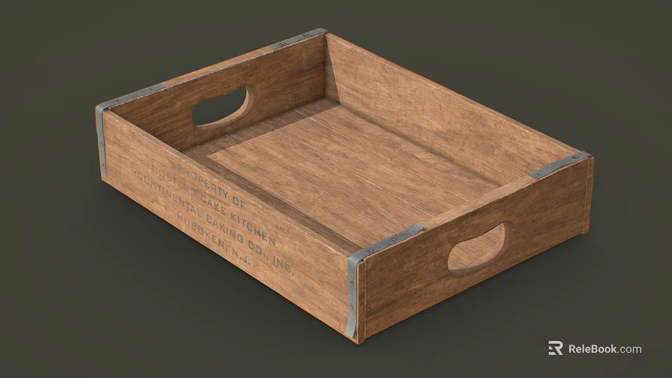 Vintage Wooden Storage Shelf With Metal Trim Side Handles And Printed Text 3d model 