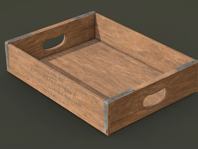Vintage Wooden Storage Shelf With Metal Trim Side Handles And Printed Text 3d model