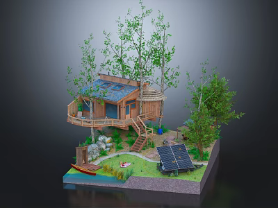 Wooden Detached Villa With Solar Panels Surrounded By Trees And Pond 3d model