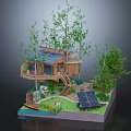 Wooden Detached Villa With Solar Panels Surrounded By Trees And Pond