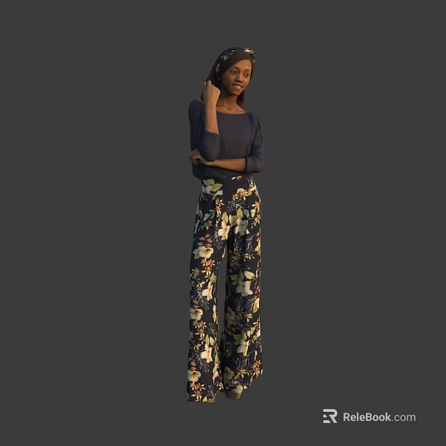 Man Standing in Gray Background Wearing Dark Top and Floral Pants 3d model 