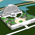Modern Curved Hotel Building With Multi story Windows Waterfront And Green Area