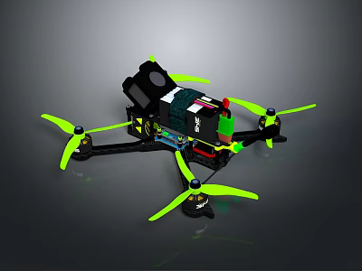 Black Quadcopter Drone With Green Propellers And Camera Module On Lightweight Frame 3d model