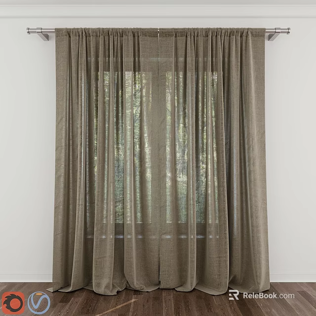 Brown Linen Light Filtering Curtains For Window With Trees View And White Wall 3d model 