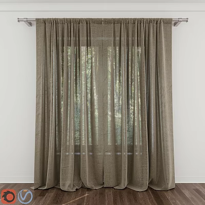 Brown Linen Light Filtering Curtains For Window With Trees View And White Wall 3d model