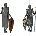 Two Game and Movie Characters in Ornate Armor With Patterned Shields Sword and Golden Details