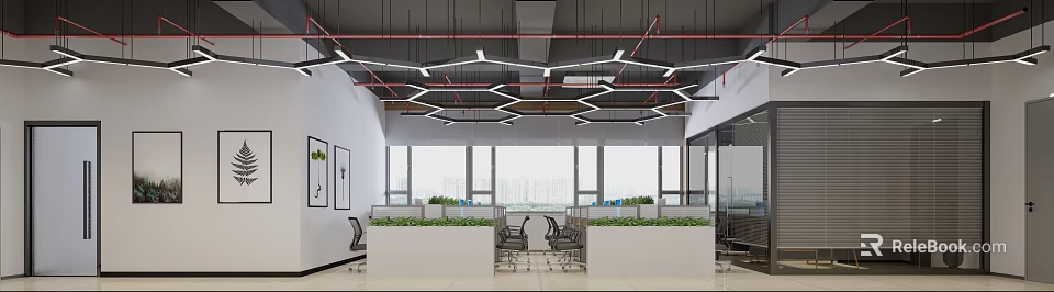 Modern Public Office Space With Open Workstations Green Plants Large Windows And Geometric Ceiling Lights 3d model 