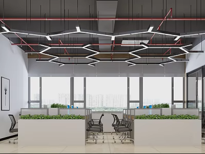 Modern Public Office Space With Open Workstations Green Plants Large Windows And Geometric Ceiling Lights 3d model