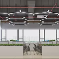 Modern Public Office Space With Open Workstations Green Plants Large Windows And Geometric Ceiling Lights