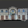 Old Weathered Building With Faded Walls Wooden Doors And Windows Archway Top And Stone Steps